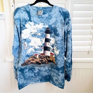 Back to Earth Vintage Blue Tie Dye Lighthouse Print Long Sleeve Tee Men’s Large